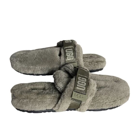 UGG Fluff It Slippers Shearling Lamb Fur Green Slip Ons Wool Mens Size 8 UNISEX - Picture 1 of 7